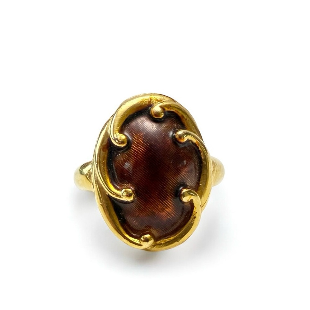 Vintage Crown Trifari Oval Brown Enamel Goldtone Ring Size 9
